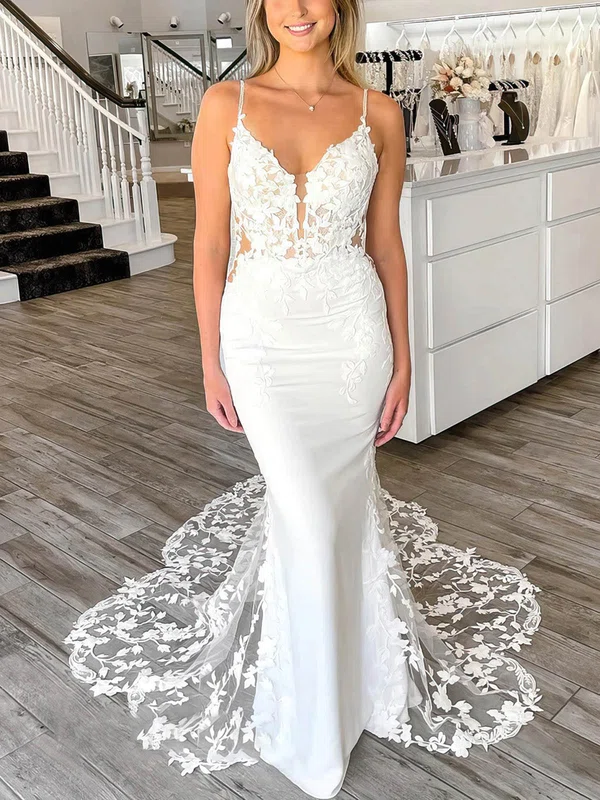 Trumpet/Mermaid V-neck Lace Stretch Crepe Sweep Train Wedding Dresses With Appliques Lace #Milly00026389