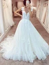 A-line V-neck Tulle Sweep Train Wedding Dresses With Appliques Lace #Milly00026421