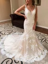 Trumpet/Mermaid V-neck Tulle Sweep Train Wedding Dresses With Appliques Lace #Milly00026423