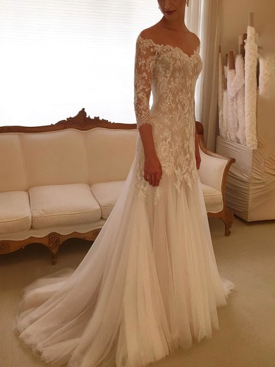 Sheath/Column Off-the-shoulder Tulle Lace Sweep Train Wedding Dresses With Appliques Lace #Milly00026439