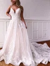 A-line V-neck Lace Tulle Sweep Train Wedding Dresses With Appliques Lace #Milly00026443