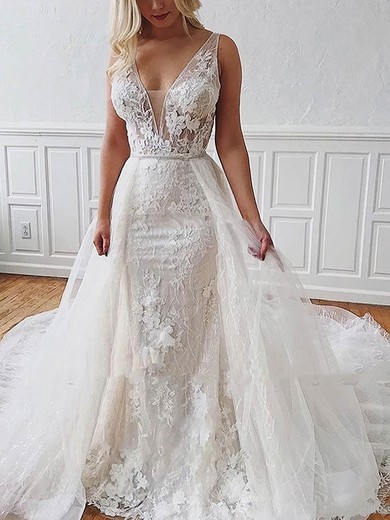 Sheath/Column V-neck Lace Tulle Detachable Wedding Dresses With Sashes / Ribbons #Milly00026454