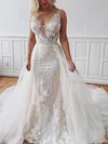 Sheath/Column V-neck Lace Tulle Detachable Wedding Dresses With Sashes / Ribbons #Milly00026454