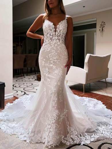 Trumpet/Mermaid V-neck Tulle Sweep Train Wedding Dresses With Appliques Lace #Milly00026705