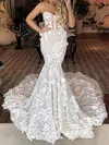 Trumpet/Mermaid Sweetheart Lace Tulle Sweep Train Wedding Dresses With Appliques Lace #Milly00026665