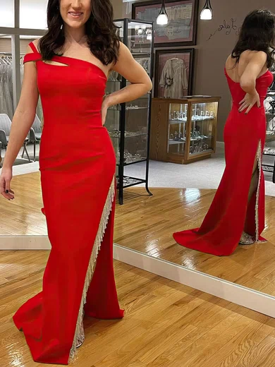 Sheath/Column Off-the-shoulder Stretch Crepe Sweep Train Prom Dresses With Beading #Milly020113826