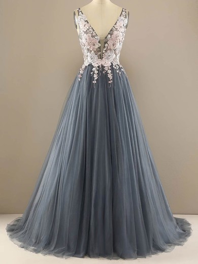A-line V-neck Tulle Sweep Train Prom Dresses With Appliques Lace #Milly020113842
