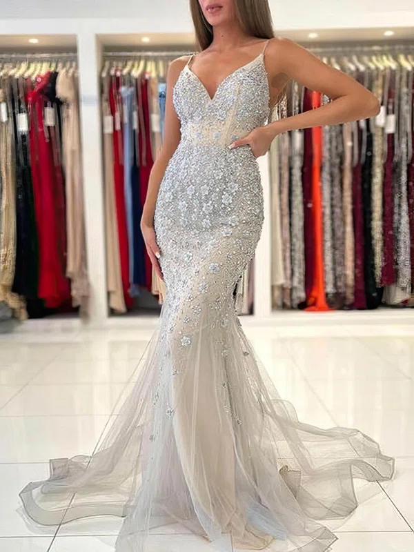 Trumpet/Mermaid V-neck Tulle Sweep Train Prom Dresses With Appliques Lace #Milly020113845