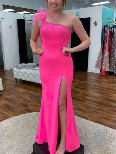 Sheath/Column One Shoulder Stretch Crepe Floor-length Prom Dresses With Feathers / Fur #Milly020113854
