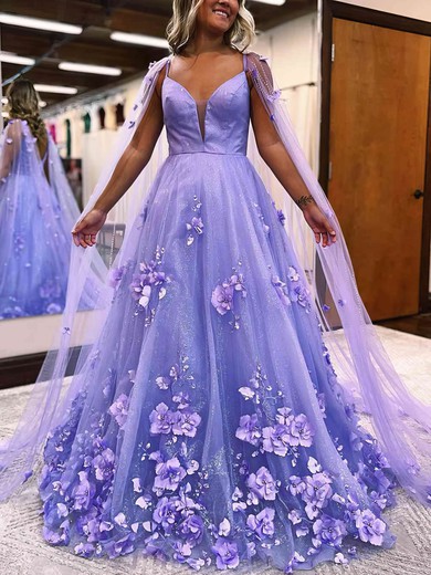 A-line V-neck Tulle Glitter Sweep Train Prom Dresses With Flower(s) S020113858