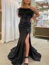 Sheath/Column Strapless Sequined Sweep Train Prom Dresses With Feathers / Fur #Milly020113860