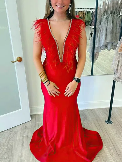 Trumpet/Mermaid V-neck Stretch Crepe Sweep Train Prom Dresses With Feathers / Fur #Milly020113863