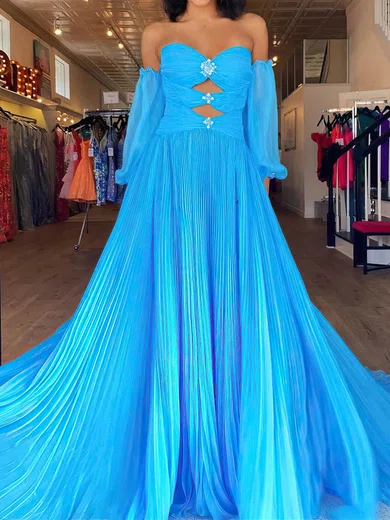 A-line Off-the-shoulder Chiffon Sweep Train Prom Dresses With Pleats #Milly020113870
