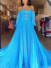 A-line Off-the-shoulder Chiffon Sweep Train Prom Dresses With Pleats #Milly020113870