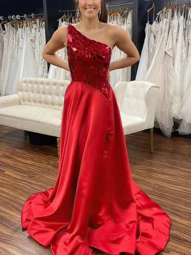 A-line One Shoulder Satin Sequined Sweep Train Prom Dresses #Milly020113872