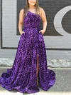 A-line One Shoulder Sequined Sweep Train Prom Dresses With Pockets #Milly020113880