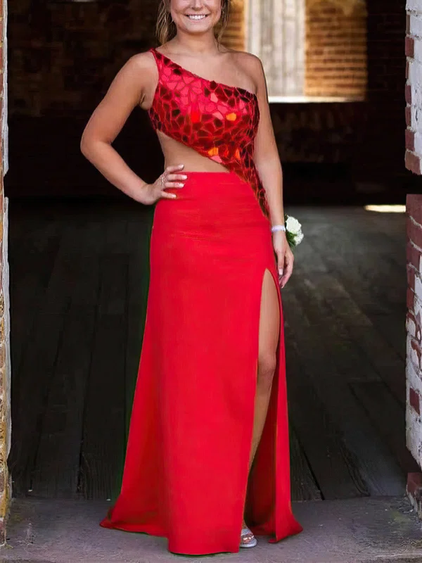 Sheath/Column One Shoulder Sequined Stretch Crepe Sweep Train Prom Dresses With Split Front #Milly020113885