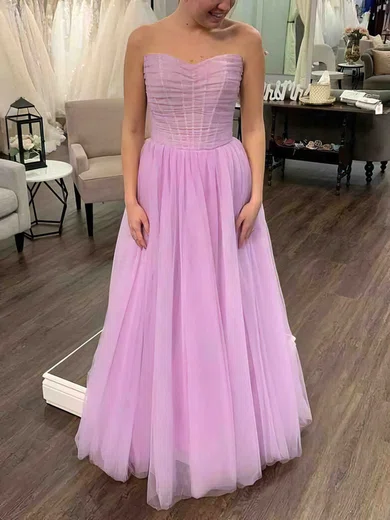 A-line Strapless Tulle Sweep Train Prom Dresses #Milly020113887