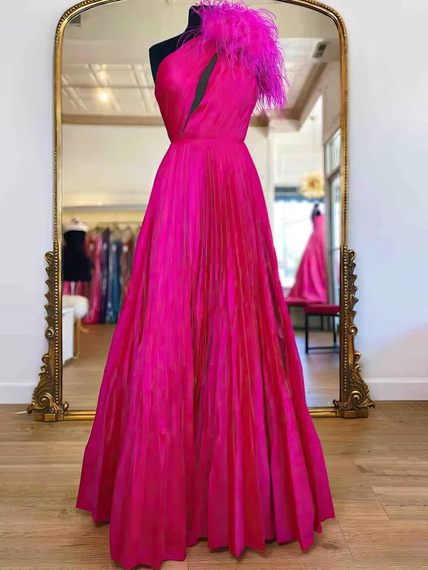 A-line One Shoulder Chiffon Floor-length Prom Dresses With Feathers / Fur #Milly020113888