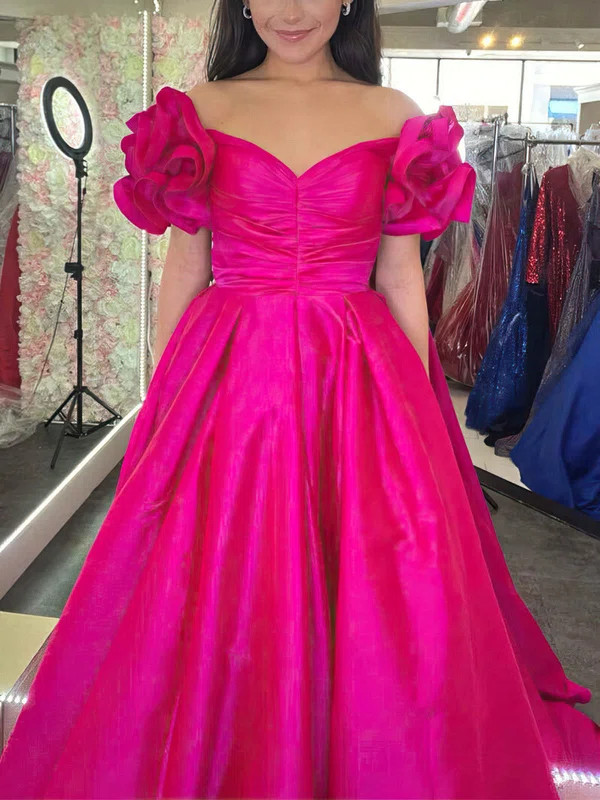 Ball Gown Off-the-shoulder Satin Sweep Train Prom Dresses With Cascading Ruffles #Milly020113890