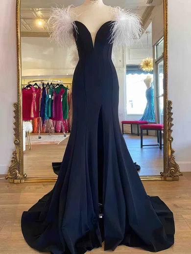 Mermaid Stretch Crepe Off-the-shoulder Prom Dresses With Feather #Milly020113893