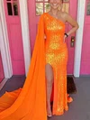 Sheath/Column One Shoulder Chiffon Sequined Sweep Train Prom Dresses With Split Front #Milly020113897