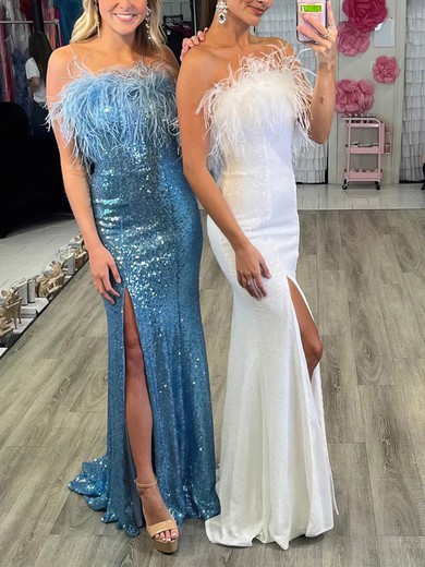 Sheath/Column Strapless Sequined Sweep Train Prom Dresses With Feathers / Fur #Milly020113910