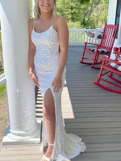 Sheath/Column Scoop Neck Sequined Sweep Train Prom Dresses With Split Front #Milly020113911
