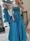 A-line Scoop Neck Satin Floor-length Prom Dresses With Appliques Lace #Milly020113914