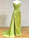 Sheath/Column Cowl Neck Silk-like Satin Sweep Train Prom Dresses With Split Front #Milly020113920