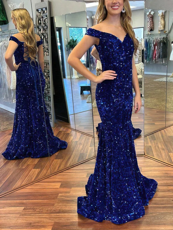 Trumpet/Mermaid Off-the-shoulder Sequined Sweep Train Prom Dresses #Milly020113921