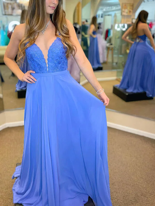 A-line V-neck Lace Chiffon Sweep Train Prom Dresses #Milly020113927