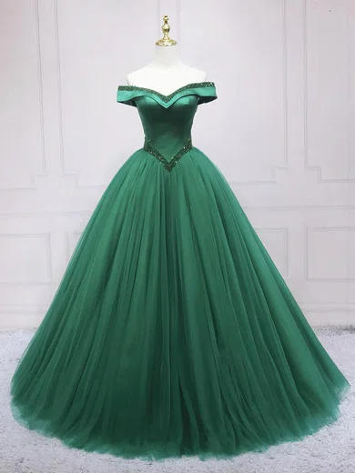 Ball Gown Off-the-shoulder Tulle Prom Dresses With Ruched #Milly020113931