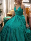 A-line V-neck Silk-like Satin Sweep Train Prom Dresses #Milly020113933