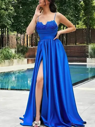 A-line V-neck Satin Sweep Train Prom Dresses With Split Front #Milly020113935