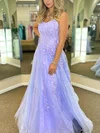 A-line Scoop Neck Tulle Glitter Sweep Train Prom Dresses With Appliques Lace #Milly020113937