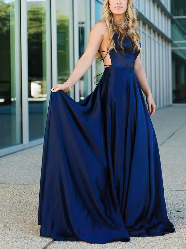 A-line Scoop Neck Silk-like Satin Sweep Train Prom Dresses With Split Front #Milly020113939