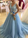 A-line V-neck Tulle Glitter Sweep Train Prom Dresses With Appliques Lace #Milly020113940