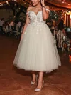 A-line Off-the-shoulder Tulle Tea-length Prom Dresses With Appliques Lace #Milly020113941