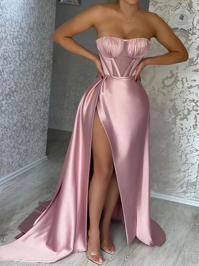 A-line Strapless Satin Sweep Train Prom Dresses With Split Front #Milly020113947