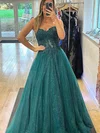 Ball Gown Sweetheart Tulle Glitter Sweep Train Prom Dresses With Appliques Lace #Milly020113952