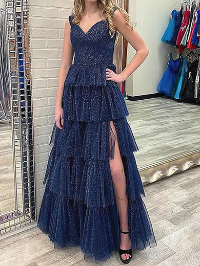 Ball Gown V-neck Tulle Floor-length Tiered Prom Dresses With Split #Milly020113967