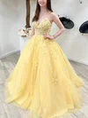 Ball Gown V-neck Tulle Sweep Train Prom Dresses With Appliques Lace #Milly020113968