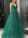 A-line V-neck Tulle Glitter Floor-length Prom Dresses With Pockets #Milly020113969