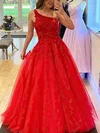 Ball Gown One Shoulder Tulle Glitter Sweep Train Prom Dresses With Appliques Lace #Milly020113971