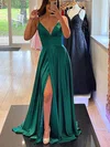 A-line V-neck Silk-like Satin Sweep Train Prom Dresses With Split Front #Milly020113978