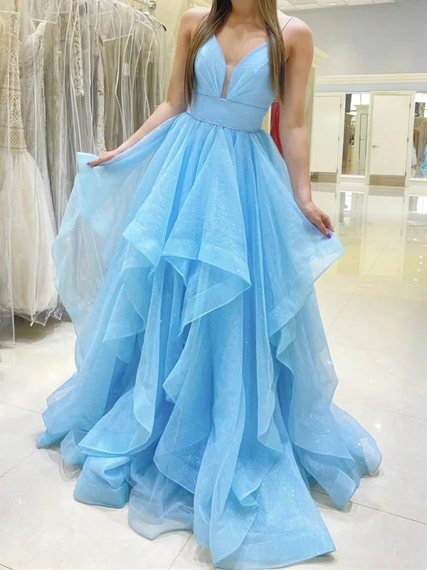Princess V-neck Glitter Sweep Train Prom Dresses With Cascading Ruffles #Milly020113979