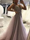 A-line V-neck Tulle Sweep Train Prom Dresses With Beading #Milly020113992