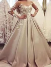 Ball Gown Off-the-shoulder Satin Tulle Sweep Train Prom Dresses With Appliques Lace #Milly020113993