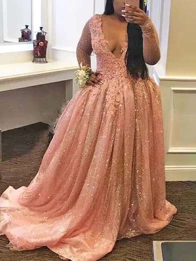 Ball Gown V-neck Long Sleeves Tulle Prom Dresses With Appliques #Milly020114000